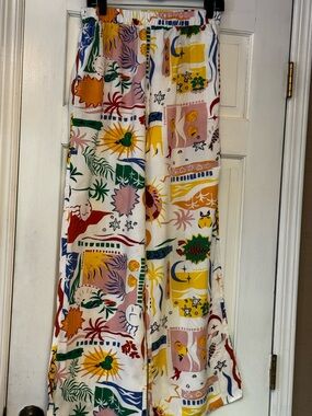 Japna Yellow, Gray & White Floral Wide-Leg Rayon Pants